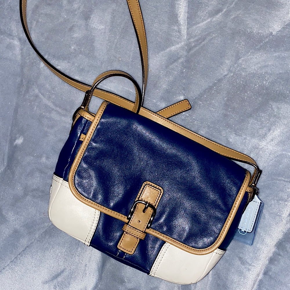 Summery navy blue, off white and tan Coach adjustable crossbody